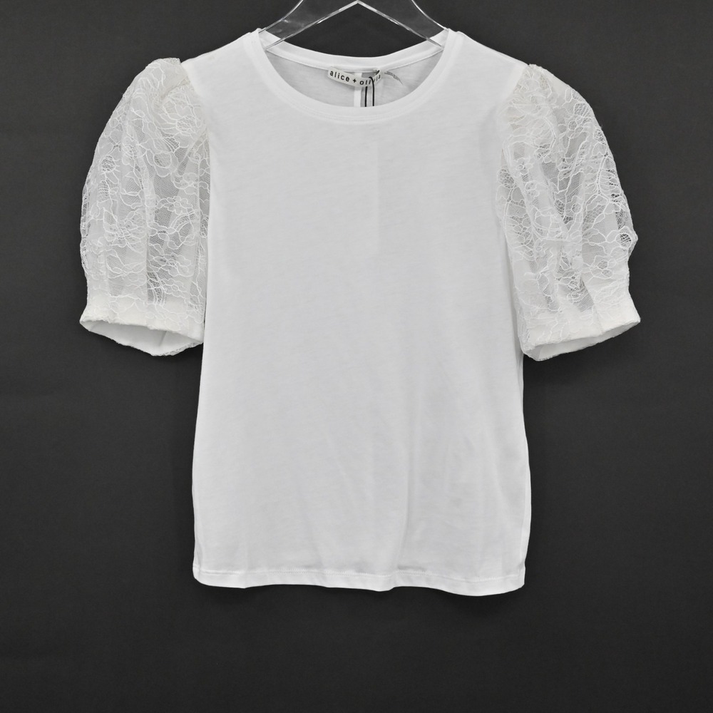 Alice Olivia Womens Posey Top Size XS White Lace Silk Puff Sleeve Chic Blouse